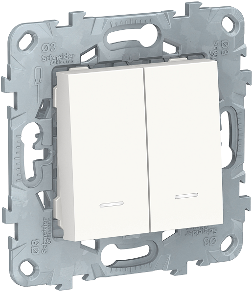 

Выключатель Schneider Electric NU521118N UnicaNew, белый, 2-клавишный, 2 модуля, с подсветкой, 2 х сх. 1а, NU521118N
