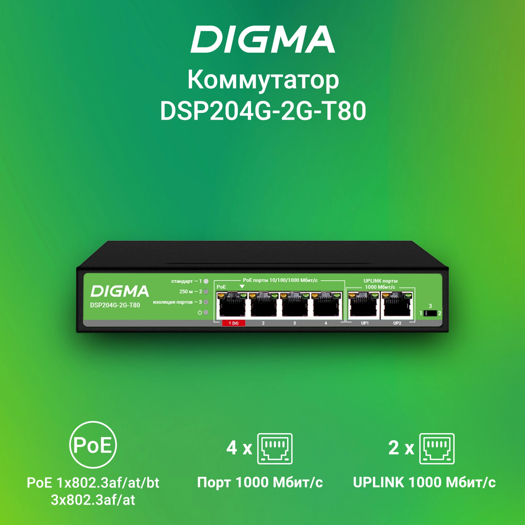 

Коммутатор неуправляемый Digma DSP204G-2G-T80 L2 6x1Гбит/с 4PoE 4PoE+ 1PoE++ 80W, DSP204G-2G-T80