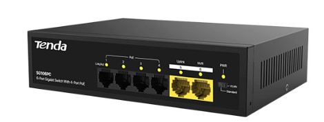 

Коммутатор неуправляемый Tenda SG106PC PoE, 6 портов, 6x1 Гбит/с, PoE 4х до 30 Вт, 2хUplink, настольный, SG106PC