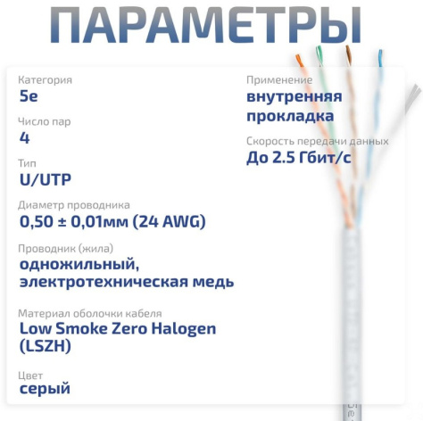 фото Кабель витая пара U/UTP 5e кат. 4 пары Cabeus UTP-4P-Cat.5e-SOLID-LSZH-GY-25 в Воронеже