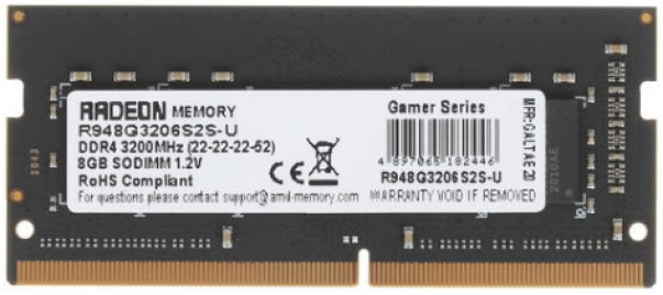

Модуль памяти SODIMM DDR4 8GB AMD R948G3206S2S-U PC4-25600 3200MHz CL16 1.2V Retail, R948G3206S2S-U