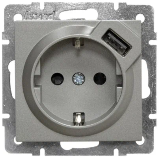 

Розетка Lezard 742-3588-181 Vesna 1-м СП с заземл. с заряд. устройством USB механизм платина, 742-3588-181