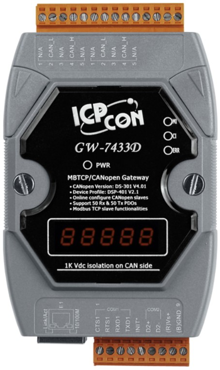 

Преобразователь ICP DAS GW-7433D-G CR Modbus TCP server & Modbus RTU slave to CANopen master Gateway (RoHS), GW-7433D-G CR