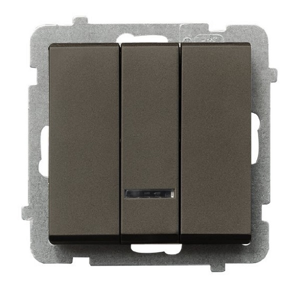 

Выключатель Ospel LP-13RS/m/40 трехклавишный, с подсветкой синего цвета, 10AX, 250V, 2200W, IP-20, клеммы безвинтовые, шоколадный металлик, LP-13RS/m/40