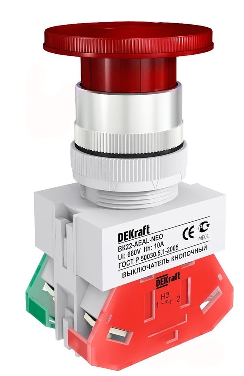 

Выключатель DEKraft 25040DEK кнопочный грибок с фикс. AEAL D=22мм 1з+1р (1НО+1НЗ) 220В красный, 25040DEK