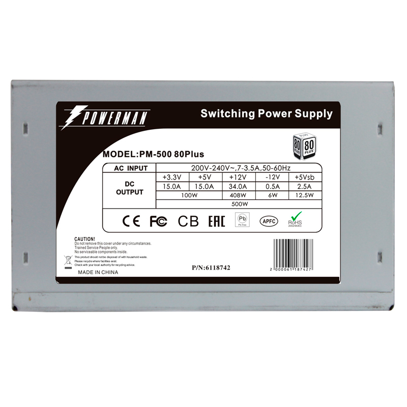 

Блок питания ATX Powerman PM-500ATX 6118742 APFC 80+, PM-500ATX
