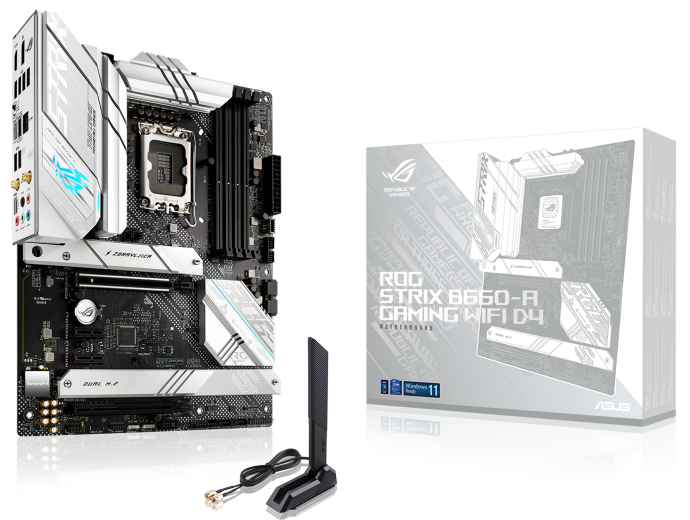 

Материнская плата ATX ASUS ROG STRIX B660-A GAMING WIFI D4 (LGA1700, B660, 4*DDR4(5333), 4*SATA 6G RAID, 3*M.2, 4*PCIE, 7.1CH, 2.5Glan, WiFi, BT, 2*US, ROG STRIX B660-A GAMING WIFI D4