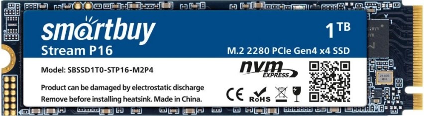 

Накопитель SSD M.2 2280 SmartBuy Stream P16 SBSSD1T0-STP16-M2P4 1TB, 5000/4500MB/s, TBW 600, Stream P16