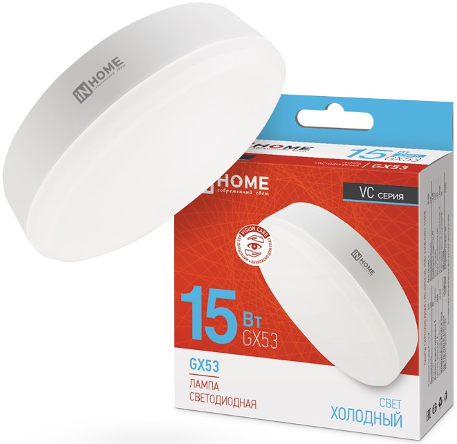 

Лампа светодиодная IN HOME 4690612020839 LED-GX53-VC 15Вт таблетка 6500К холодный, белый GX53 1430лм, 4690612020839