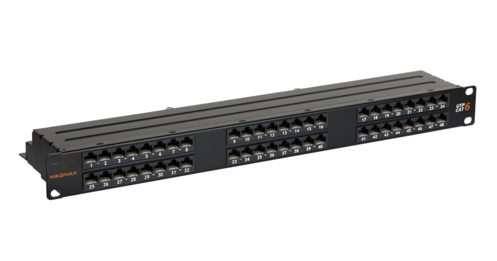 Патч-панель NikoMax NMC-RP48UE2-1U-BK 19", 1U, 48 портов, кат. 6, RJ45/8P8C, 110/KRONE, Т568A/B, неэкранированная, встр. органайзер, черная