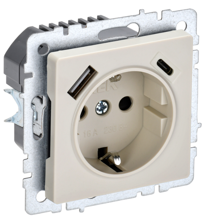 

Розетка с заземлением IEK BR-R14-16-U22-018-K10 BRITE с защитными шторками 16А с USB A+C 18Вт РЮш11-1-БрКр Бежевый, BR-R14-16-U22-018-K10