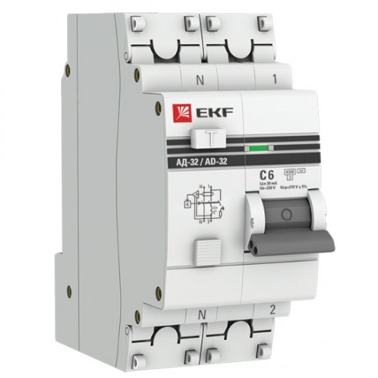 

Автомат дифференциальный EKF DA32-06-30-pro 1п+N 2мод. C 6А 30мА тип AC 4.5kA АД-32 PROxima, DA32-06-30-pro