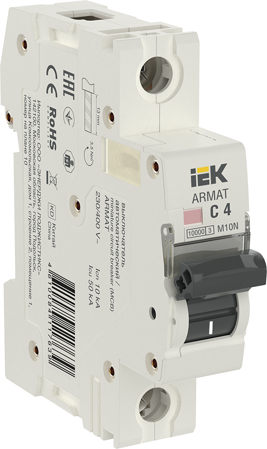 

Автоматический выключатель IEK AR-M10N-1-C004 ARMAT M10N 1P C 4А, AR-M10N-1-C004