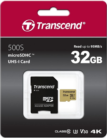 

Карта памяти 32GB Transcend TS32GUSD500S microSDHC Class 10 U3, V30 500S + адаптер, MLC, TS32GUSD500S