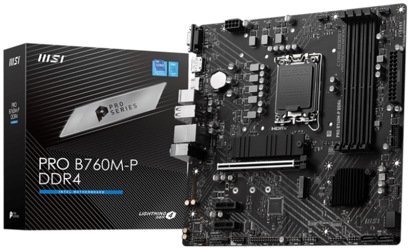 

Материнская плата mATX MSI PRO B760M-P DDR4 (LGA1700, B760, 4*DDR4 (3200), 4*SATA 6G RAID, 2*M.2, 3*PCIe 4.0, Glan, HDMI, VGA, DP, 4*USB 3.2, 8*USB 2., PRO B760M-P DDR4