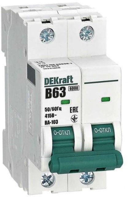 

Автоматический выключатель DEKraft 12231DEK 2Р 63А х-ка B ВА-103 6кА, 12231DEK