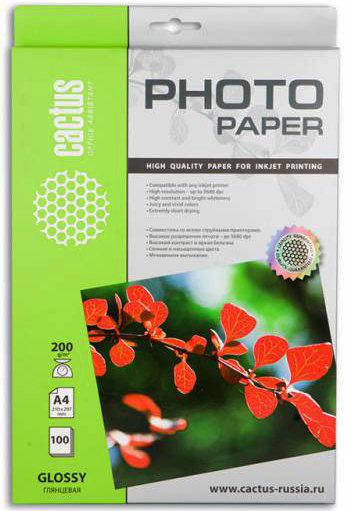 

Фотобумага Cactus CS-GA4200100 A4/200г/м2/100л./белая, глянцевая для струйной печати, CS-GA4200100