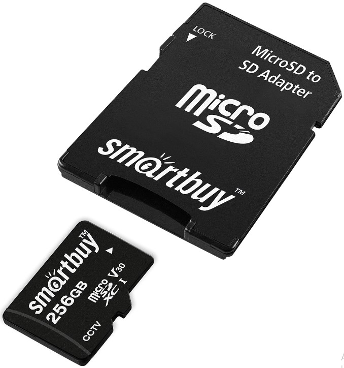 

Карта памяти MicroSDXC 256GB SmartBuy SB256GBSDCCTV Class 10 UHS-I V10 для видеонаблюдения + SD адаптер, SB256GBSDCCTV