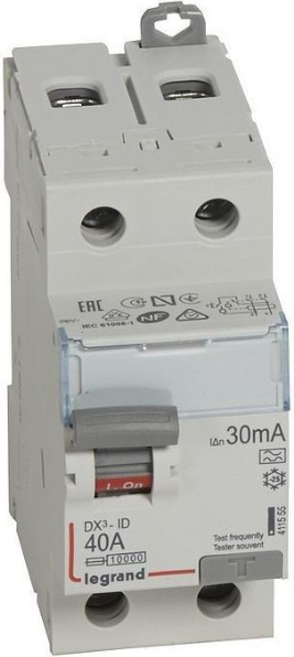 

Выключатель дифференциального тока (ВДТ, УЗО) Legrand 411555 DX³ - ID - 2П, 230 В~, 40 А, тип A, 30 мА, 2 модуля, 411555