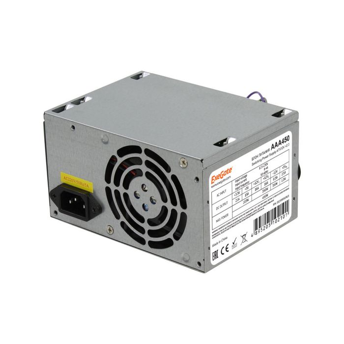 

Блок питания ATX Exegate AAA450 ES259591RUS-S 450W, SC, 8cm fan, 24p+4p, 2*SATA, 1*IDE + кабель 220V с защитой от выдергивания, AAA450