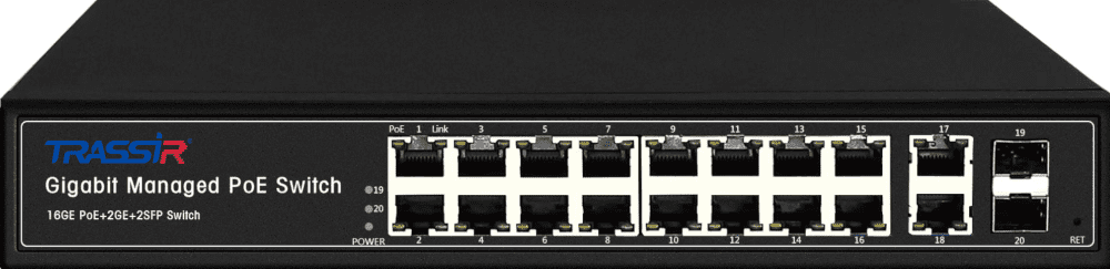 

Коммутатор управляемый TRASSIR TR-NS24202S-300-16PoE с 16 PoE портами (10/100/1000 Мбит/с Base-TX PoE port) и 2 SFP портами и 2 RJ-45 Uplink ports, TR-NS24202S-300-16PoE