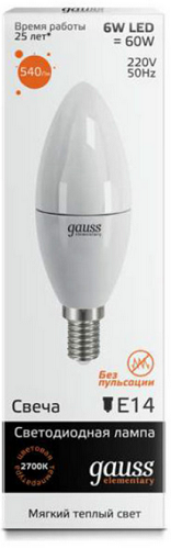 

Лампа светодиодная Gauss 33116 LED Elementary Candle 6W E14 2700K 1/10/100, 33116