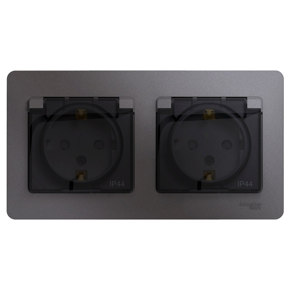 

Розетка двухместная с заземлением Systeme Electric GSL001347 Glossa со шторками в сборе IP44, графит, GSL001347