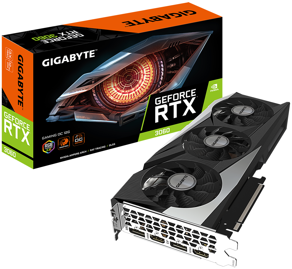 

Видеокарта PCI-E GIGABYTE GeForce RTX 3060 GAMING OC (GV-N3060GAMING OC-12GD 2.0) 12GB GDDR6 192bit 8nm 1320/15000MHz 2*HDMI/2*DP, GeForce RTX 3060 GAMING OC (GV-N3060GAMING OC-12GD 2.0)
