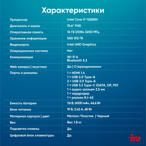 фото Ноутбук  iRu Strato 15ALI в Красноярске 15.6 ", Core i7, 16 Гб RAM, 512 Гб SSD, UHD Graphics, Черный