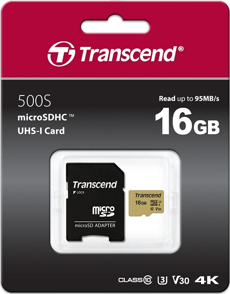 

Карта памяти 16GB Transcend TS16GUSD500S microSDHC Class 10 U3, V30 500S + адаптер, MLC, TS16GUSD500S