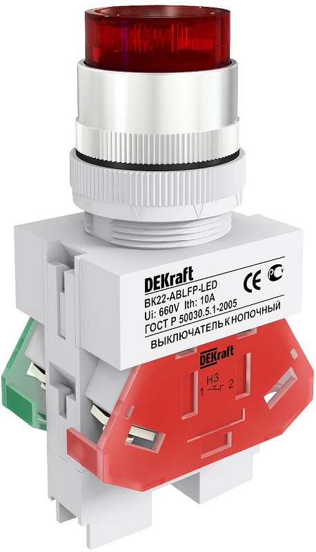 

Выключатель DEKraft 25136DEK ВK-22 кнопочный ABLF D=22мм с фикс. LED 220В красный, 25136DEK