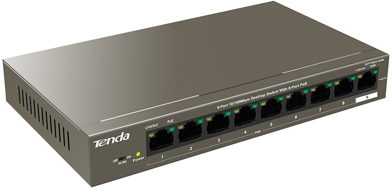

Коммутатор неуправляемый Tenda TEF1109P-8-102W 8x10/100 PoE+(PoE бюджет 92W), 1x10/100, TEF1109P-8-102W