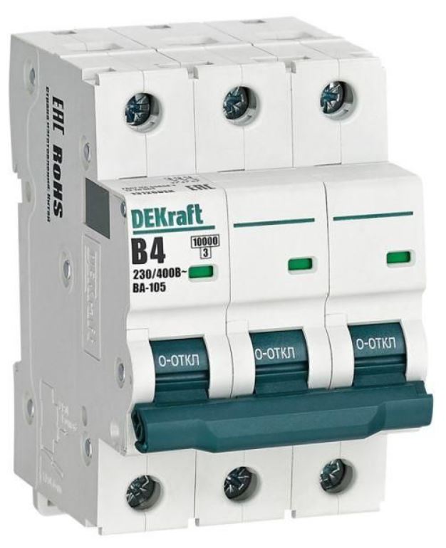 

Автоматический выключатель DEKraft 13126DEK 3P 4A х-ка B ВА-105 10кА, 13126DEK