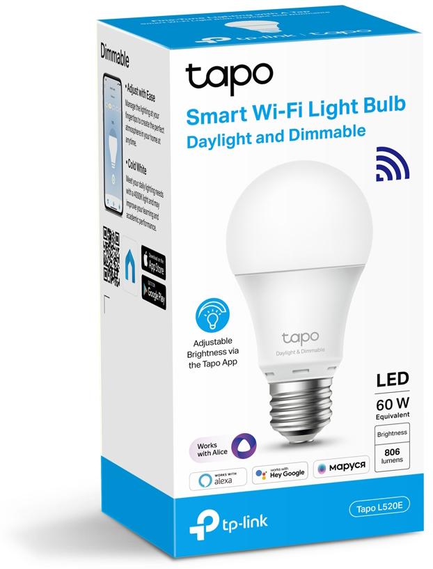 

Лампа TP-LINK Tapo L520E умная, WiFi, E27, 8.7Вт, 4000-4000К, 806 lm, работа с голосовым помощником, Tapo L520E